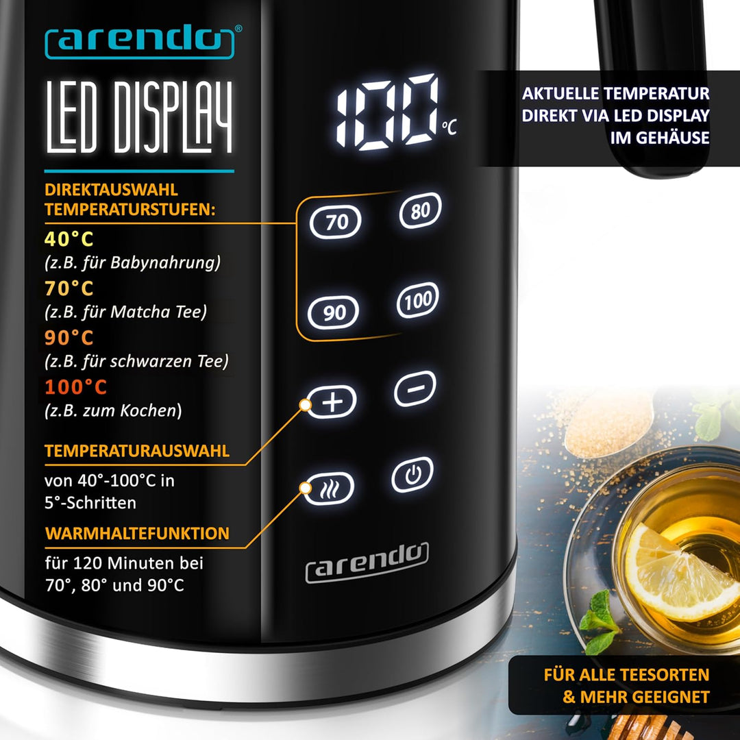 Arendo - digitaler Wasserkocher mit Temperatureinstellung - Edelstahl - Doppelwand Design Cool Touch