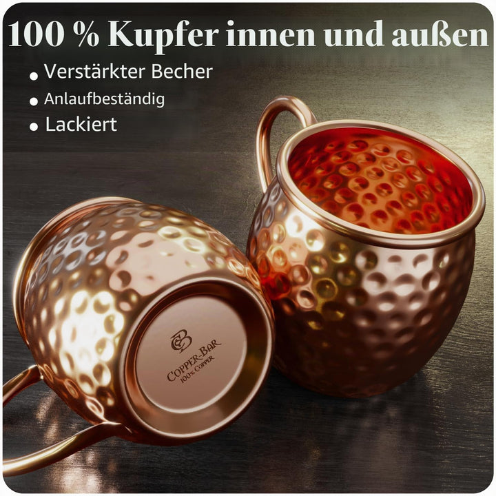 Copper-Bar Moscow Mule Kupferbecher – Set von 4 – 100 % handgefertigten, reinen massiven Kupferbeche
