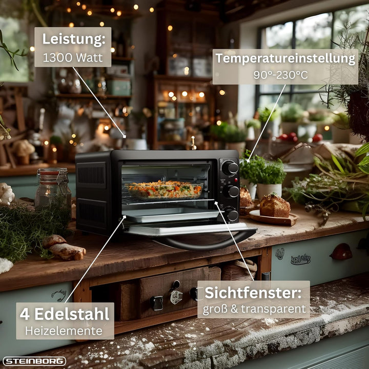Mini Backofen 15 Liter | Pizzaofen | Minibackofen | 60 min Timer | 100°-230°C | 1200 Watt | Backofen