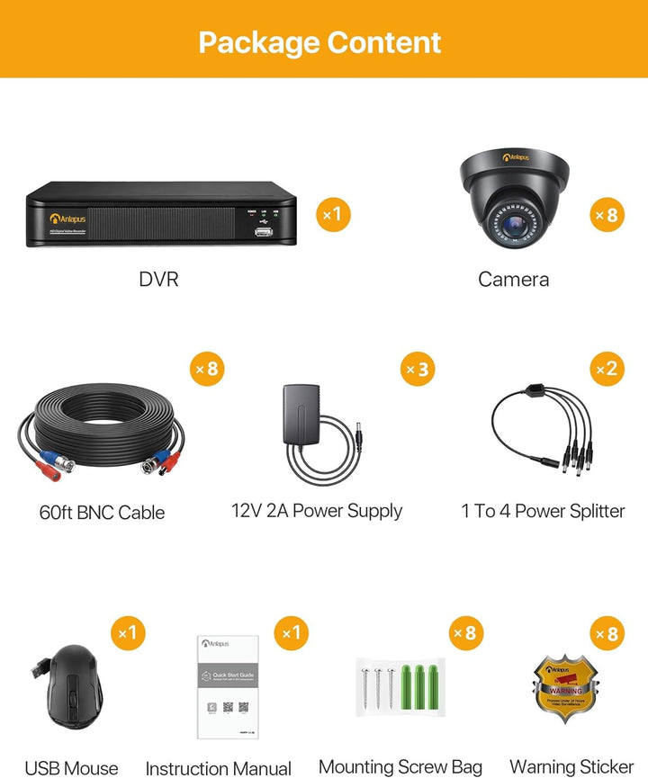 Anlapus  H.265+ 1080P Outdoor Überwachungskamera Set mit 2TB Festplatte 8CH 1080P DVR mit 8X 2MP Dom