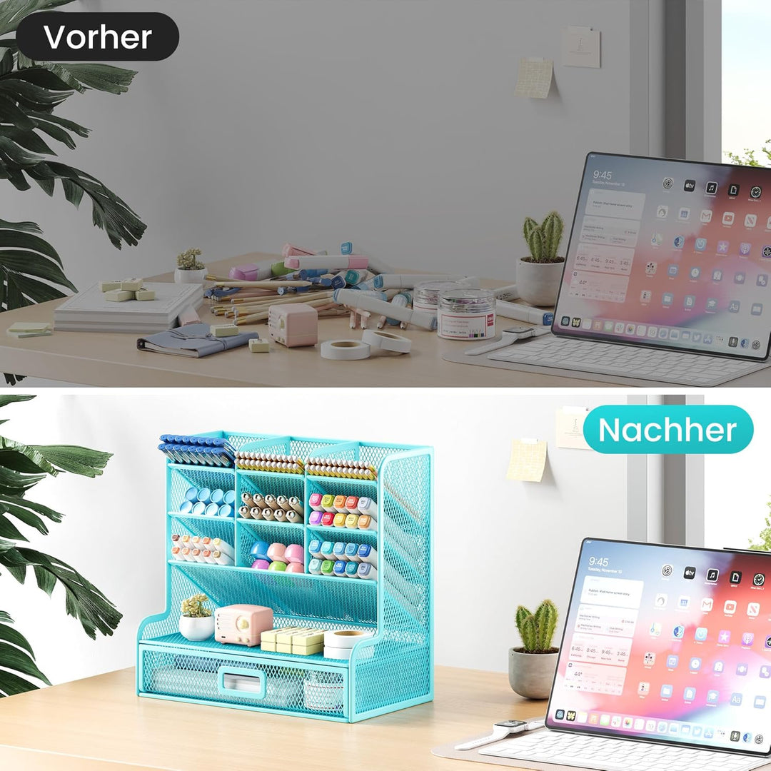 VITVITI Schreibtisch Organizer, 9 Fächer Stiftehalter mit Schublade, Netz Stifte Regal aus Metall, S