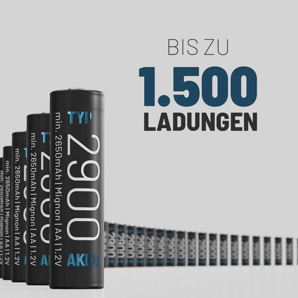 ABSINA Akku AA wiederaufladbar 2900 16er Pack - NiMH AA Akku mit 1,2V &amp; min. 2650mAh - Aufladbare Ba