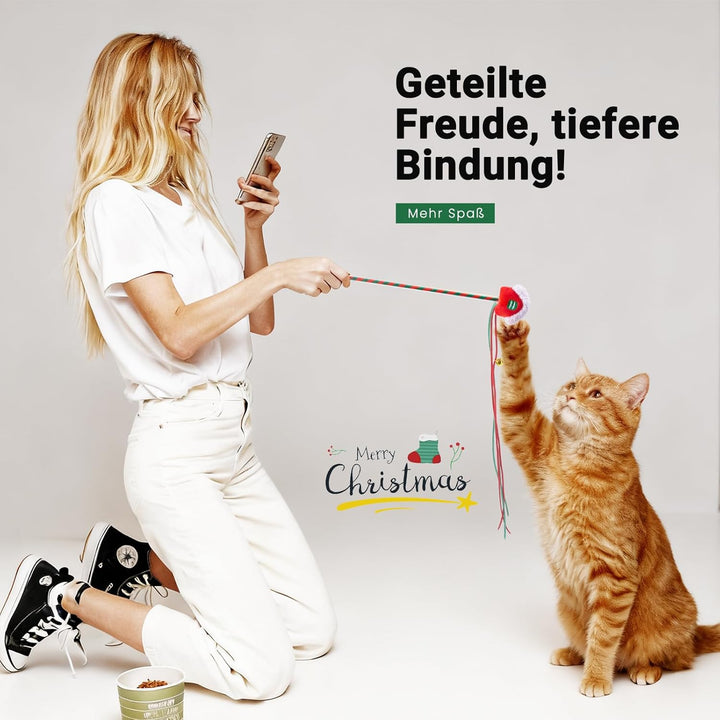 4 Stück Katzen Spielzeug Weihnachten Set - Interaktives Katzenangel Katzenspielzeug-Stab und Katzens