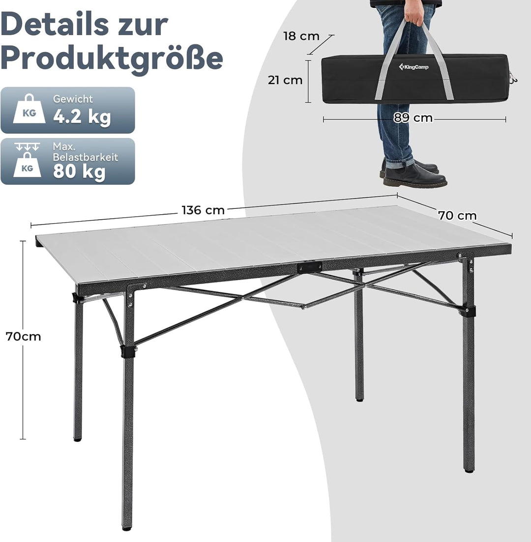 KingCamp Campingtisch Klapptisch Gartentisch Leichtgewicht für 4-6 Personen Silver, Silver