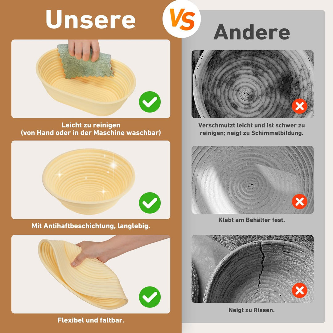 Sauerteig Starter Set 18-teilig,klappbare Silikon Gärkörbe rund+oval | 2 Körbe (rund 23/oval 25 cm),
