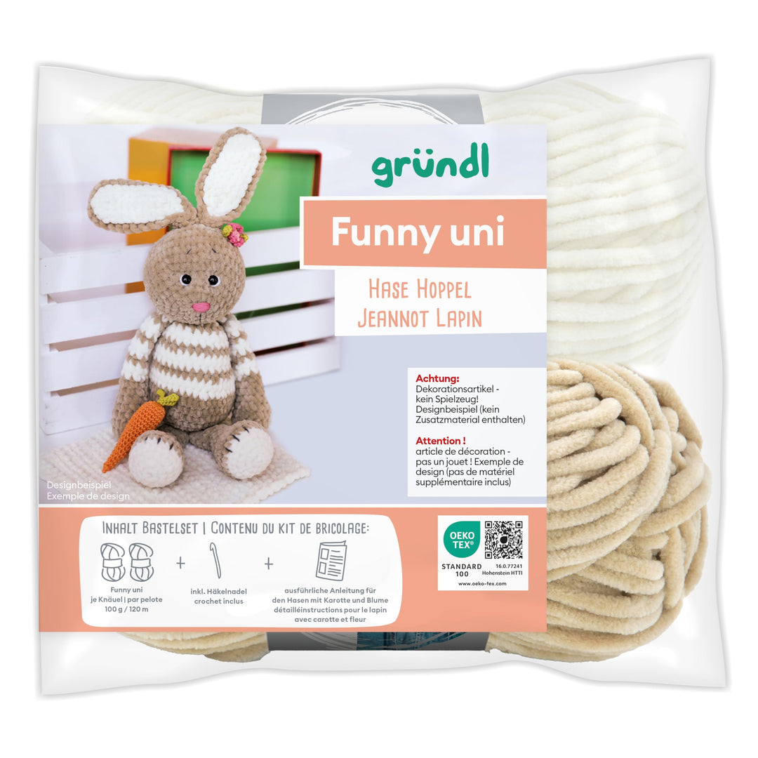 Gründl Funny uni Häkeltier häkeln, Set mit 2 x 100 g Funny uni Chenillegarn, 1 Häkelnadel und eine A