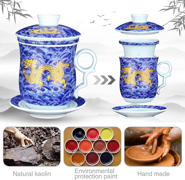 YURROAD 400ml Chinesische Teetasse, 4 in 1 Tee Becher Porzellan mit Sieb/Infusor/Deckel und Untertas