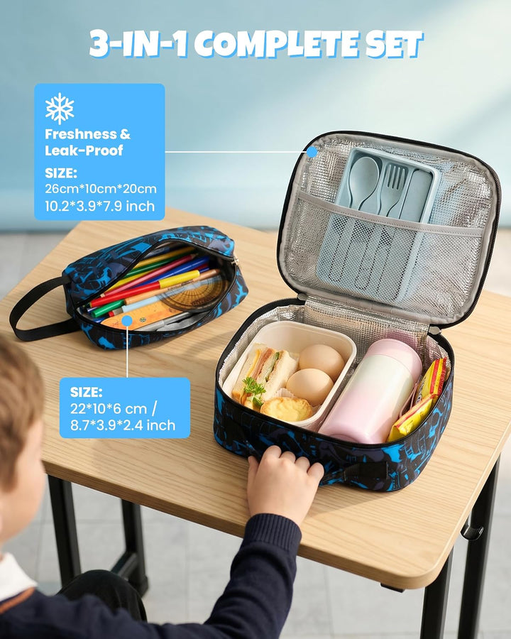 Schulrucksack Jungen Teenager 3 Teilig, Schultasche Kinder für 3. bis 7. Klasse mit Lunch Tasche Fed