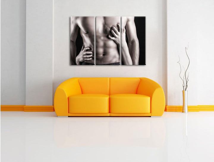 Pixxprint muskulöser Waschbrettbauch B&amp;W Detail 3-Teiler Leinwandbild 120x80 Bild auf Leinwand