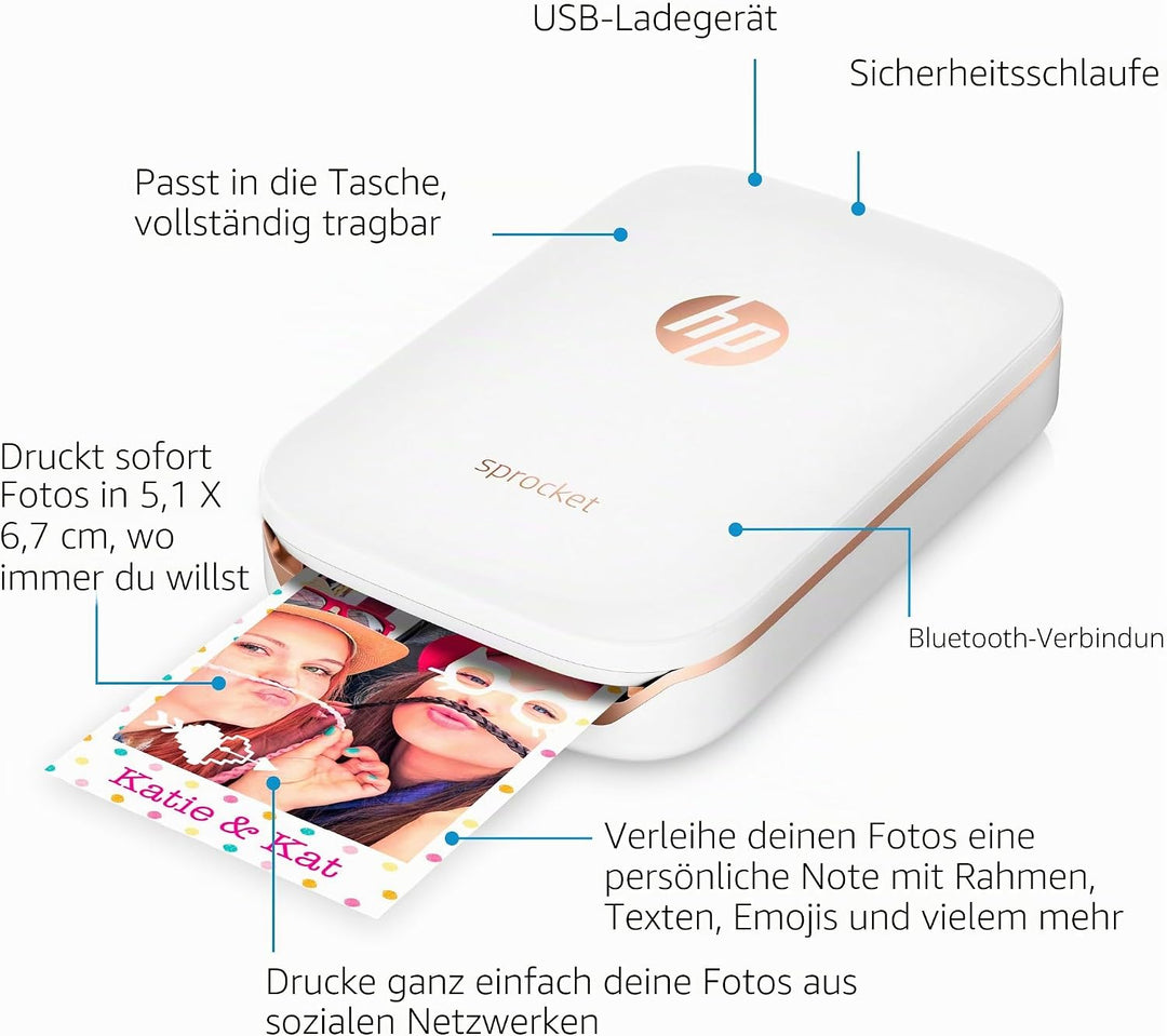 HP Sprocket Mobiler Fotodrucker (Drucken ohne Tinte, Bluetooth, 5 x 7,6 cm Ausdrucke) weiss nur Foto