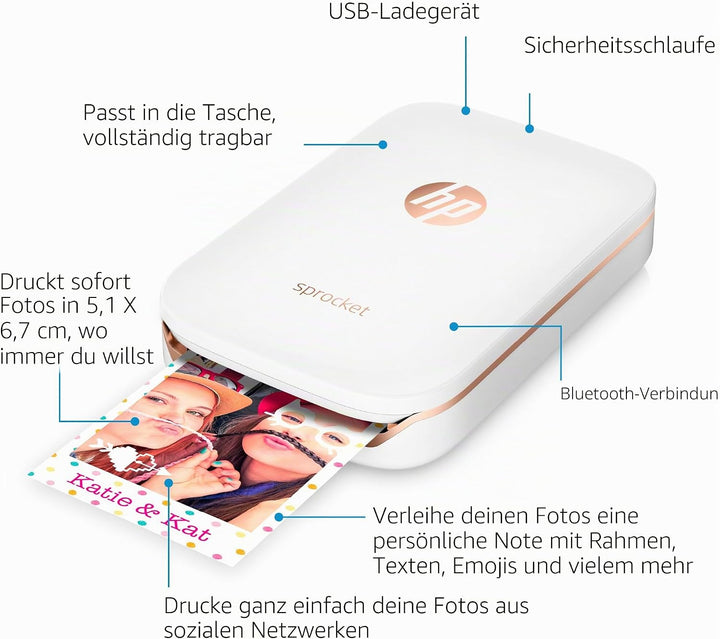 HP Sprocket Mobiler Fotodrucker (Drucken ohne Tinte, Bluetooth, 5 x 7,6 cm Ausdrucke) weiss nur Foto