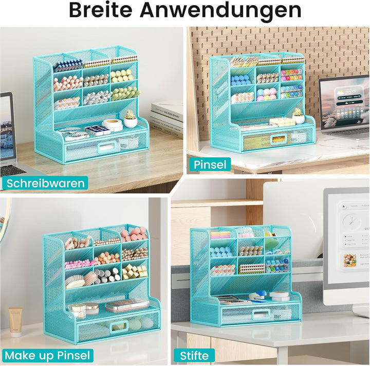 VITVITI Schreibtisch Organizer, 9 Fächer Stiftehalter mit Schublade, Netz Stifte Regal aus Metall, S