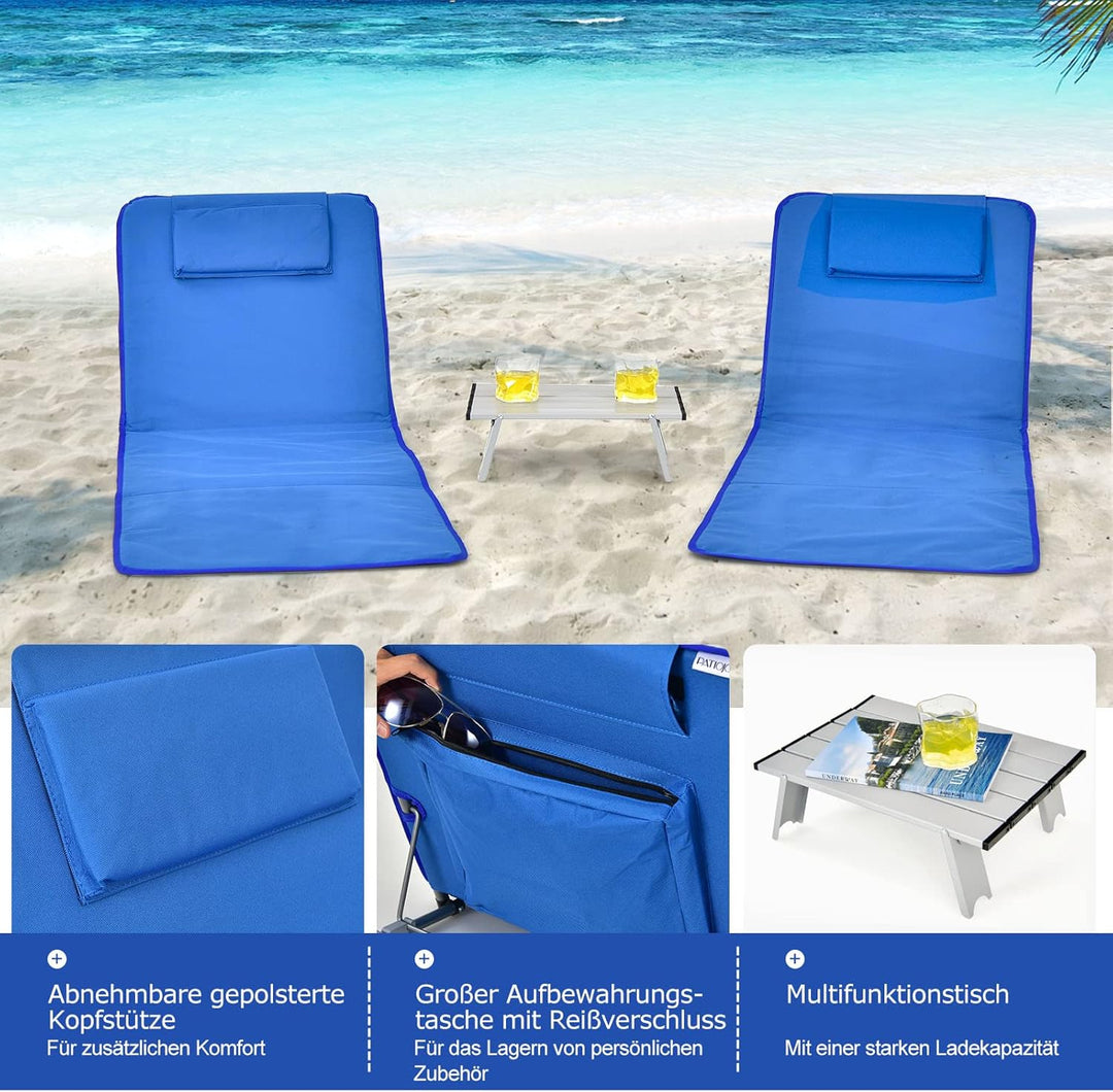 COSTWAY 2er Set Strandmatte mit Beistelltisch, Kopfkissen & Staufach, Liegematte mit Verstellbarer R