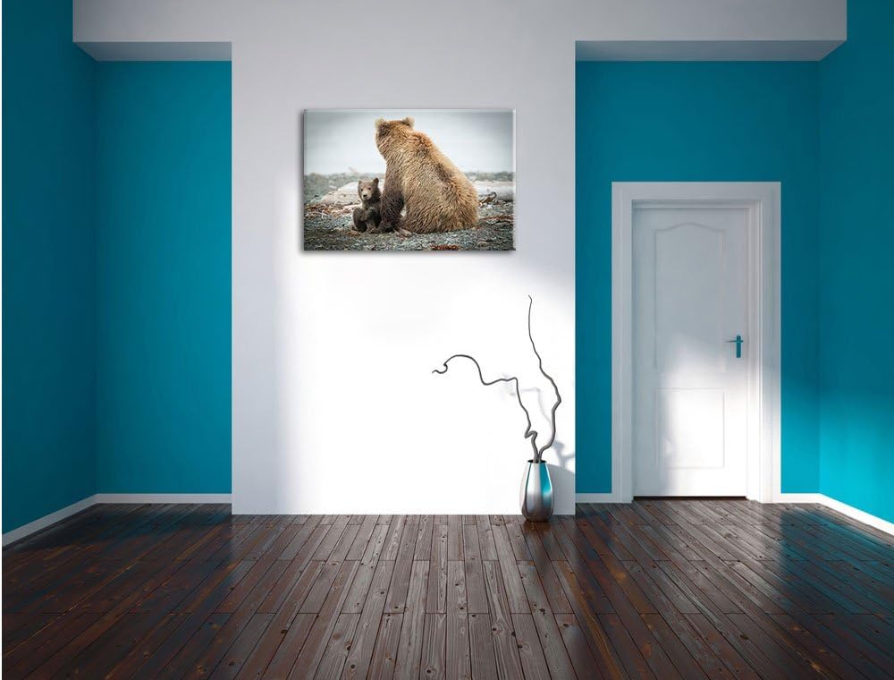 Pixxprint Bär mit Baby nach dem Baden, Format: 100x70 auf Leinwand, 100x70