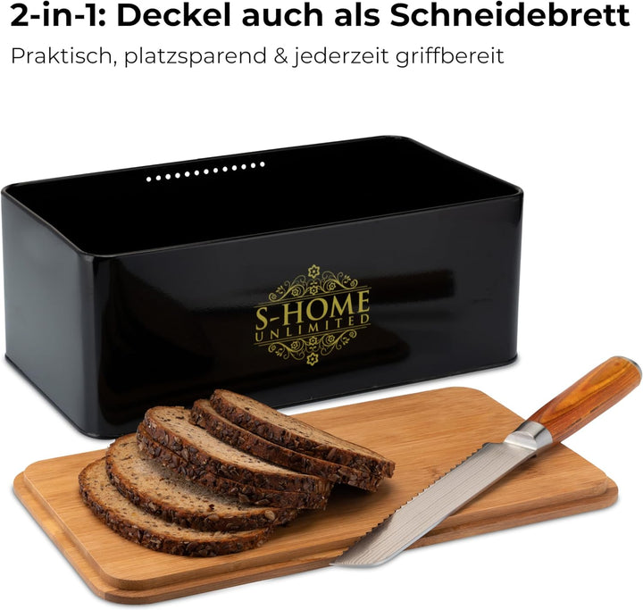 Brotkasten Metall Schwarz mit Bambusdeckel | 2-in-1 Brotbox &amp; Schneidebrett | Belüftete Brotaufbewah