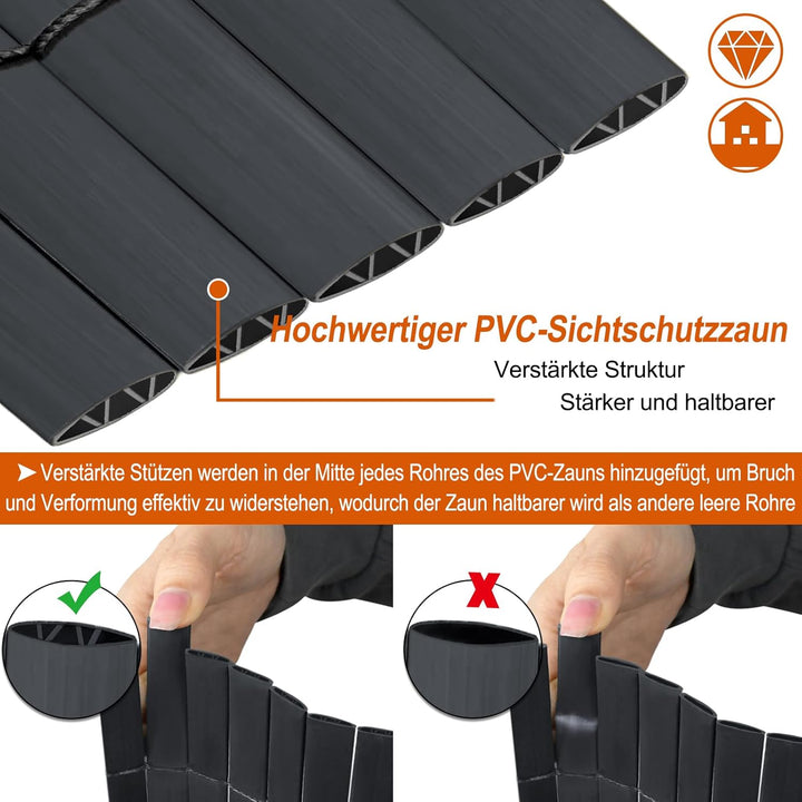 PVC Sichtschutzmatte Sichtschutzzaun 90x1000CM, Anthrazit, Outdoor Sichtschutz mit verstärkten Lamel