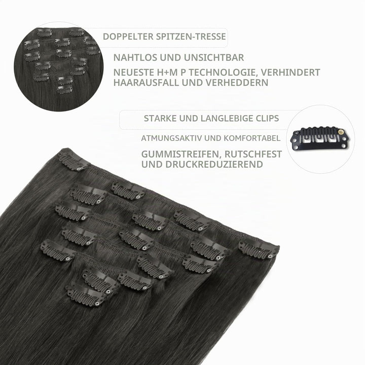 WENNALIFE Clip in Extensions Echthaar, 70g 7pcs 45cm Natürliches Schwarz Echthaar Extensions Clip in
