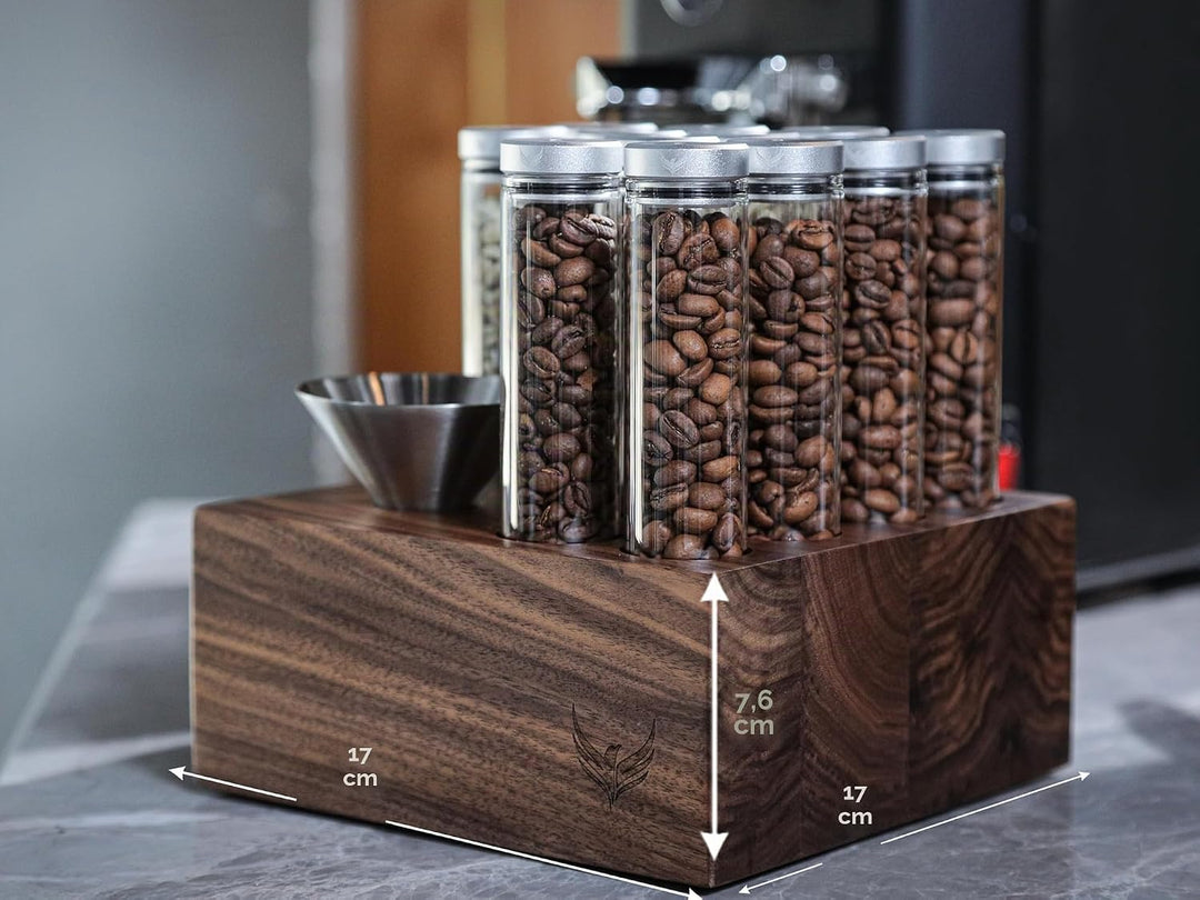 Kaffee Röhrchen Set – 12 Glasröhrchen mit Einweg-Entlüftungsventil, Walnussständer & Edelstahl-Trich