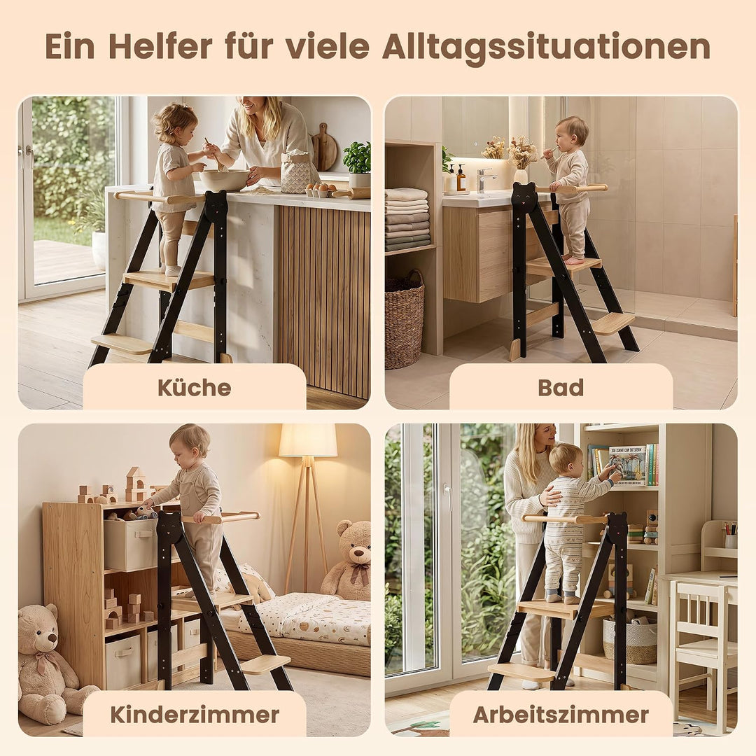 Lernturm Klappbar &amp; 3-Fach Höhenverstellbar - Kippsicherer Learning Tower aus Kiefernholz - Mitwachs