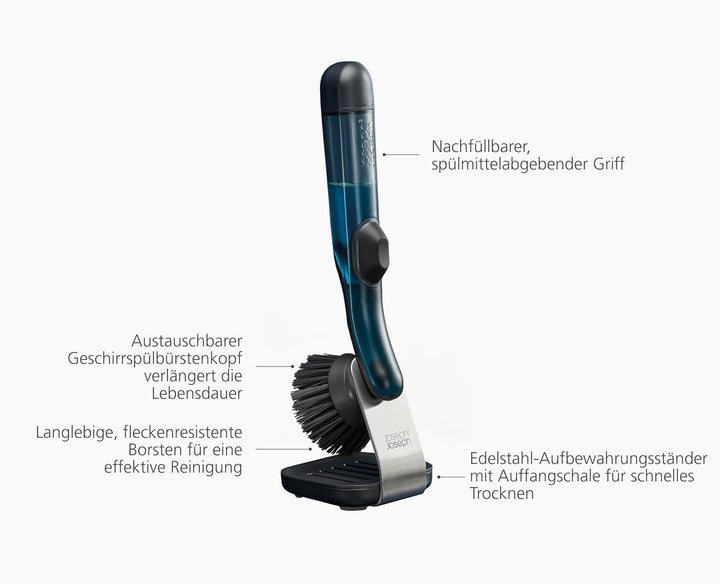 Joseph Joseph SinkTech Nachfüllbare Spülbürste mit Seifenspender, Halter, Kratzer für Pfannen und Ed