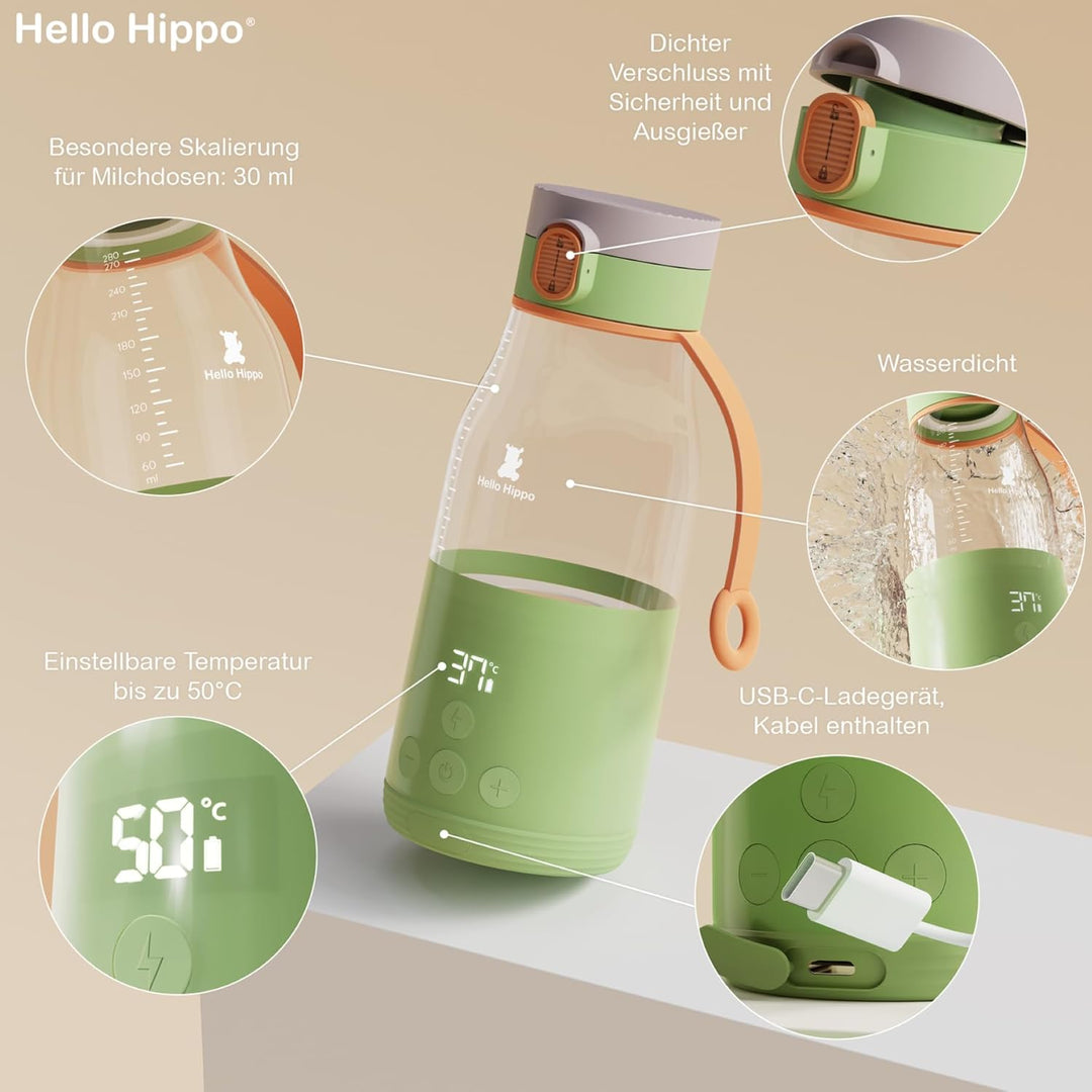 HELLO HIPPO® Premium Flaschenwärmer Nomade, tragbar, USB, 300 ml - kabellos auf Batterie - ideal Rei