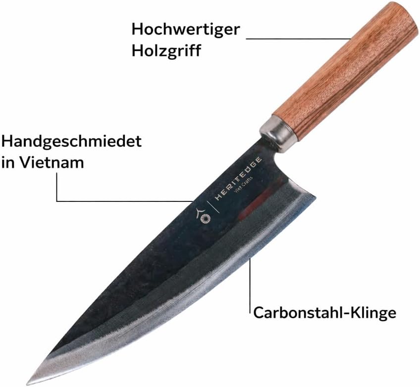 HERITEDGE Long Classic | Profi Chefmesser 20,8cm | Carbonstahl 60-61 HRC | Handgeschmiedet Vietnam |