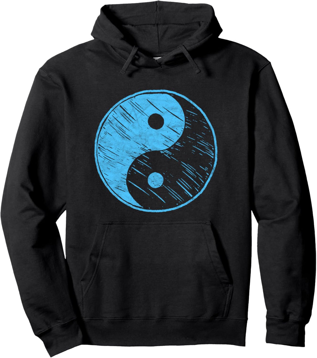 Vintage Blue Yin Yang Sketch Simple Minimalist Graphic Pullover Hoodie