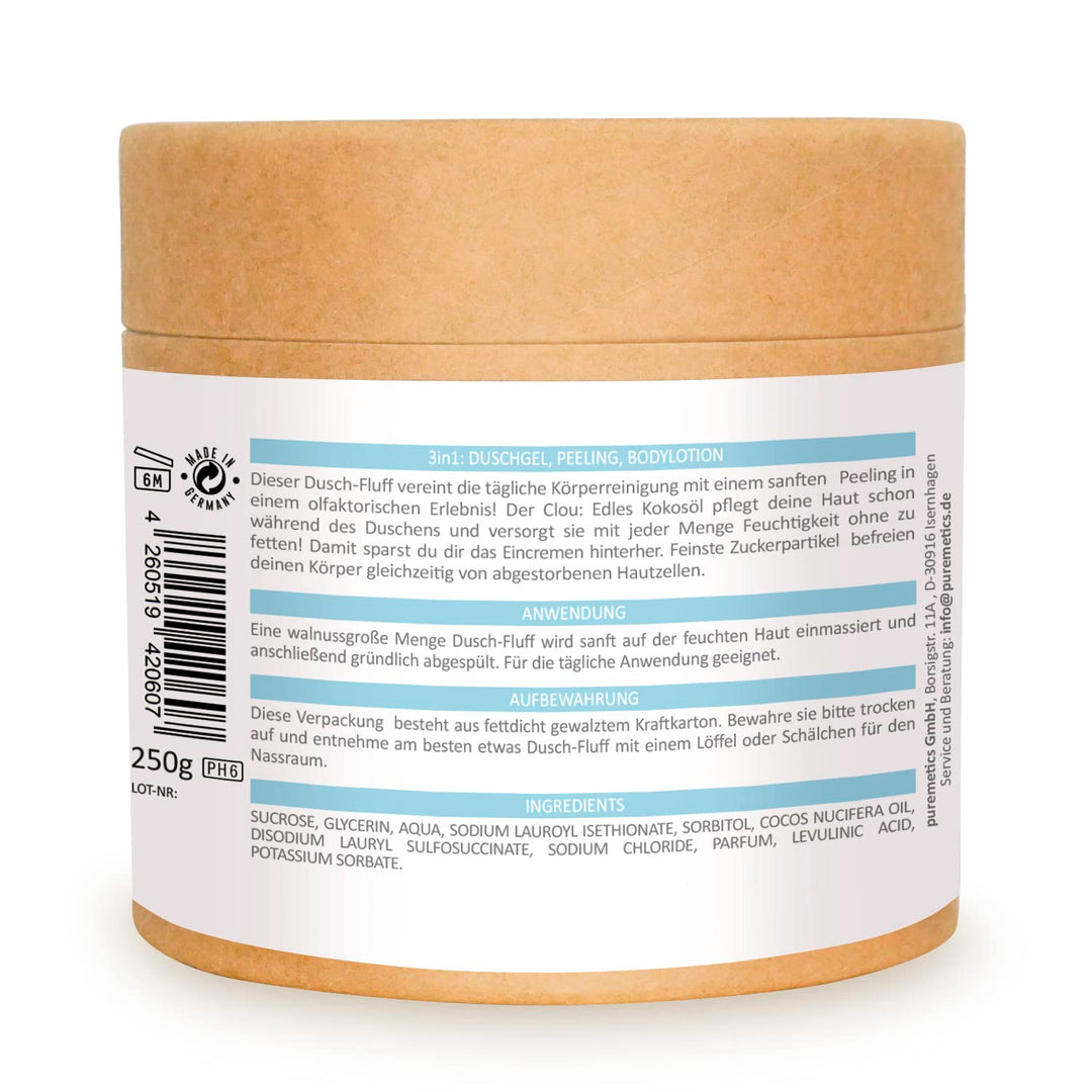 puremetics 3in1 Dusch-Fluff Cotton mit Zuckerpeeling, 250g Duschgel, Peeling und Lotion in Einem, ve