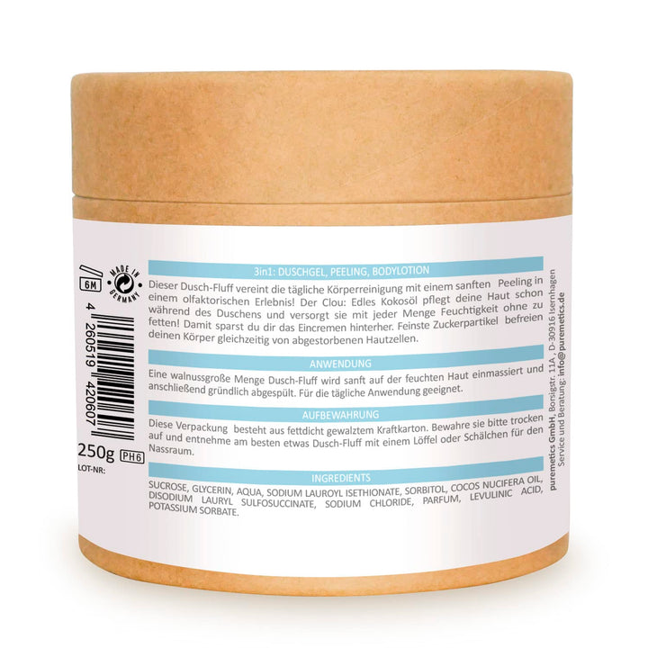 puremetics 3in1 Dusch-Fluff Cotton mit Zuckerpeeling, 250g Duschgel, Peeling und Lotion in Einem, ve