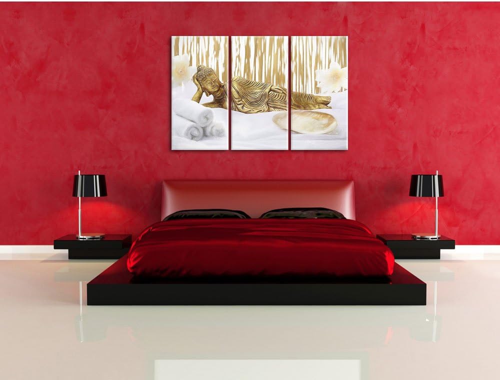 Pixxprint Goldener Buddha auf Handtuch als Leinwandbild/Grösse: 3 Teilig (120x80 cm) cm/Wandbild/Kun