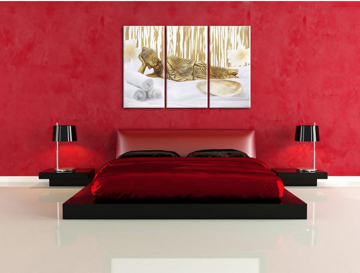 Pixxprint Goldener Buddha auf Handtuch als Leinwandbild/Grösse: 3 Teilig (120x80 cm) cm/Wandbild/Kun