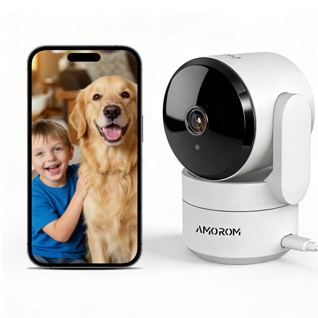 AMOROM WLAN Überwachungskamera Innen 360°, 1080p Kamera Überwachung mit Nachtsicht, 2 Wege Audio, Be
