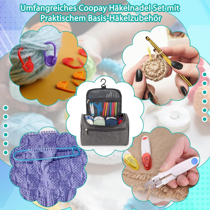 Coopay 73 Stück Häkelset für Anfänger, Tragbar Häkelnadel Set mit 15 Wolle, Tasche, Häkelzubehör, 2,
