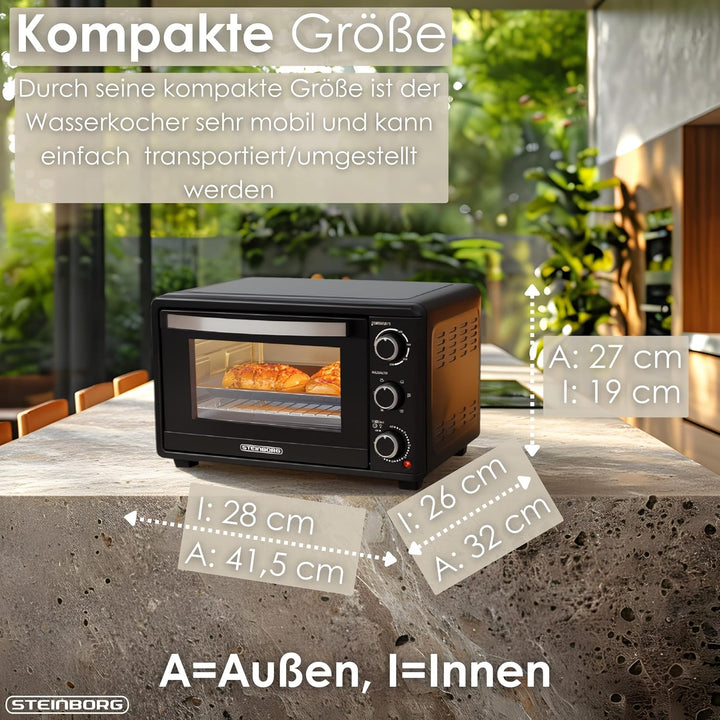 Mini Backofen 15 Liter | Pizzaofen | Minibackofen | 60 min Timer | 100°-230°C | 1200 Watt | Backofen