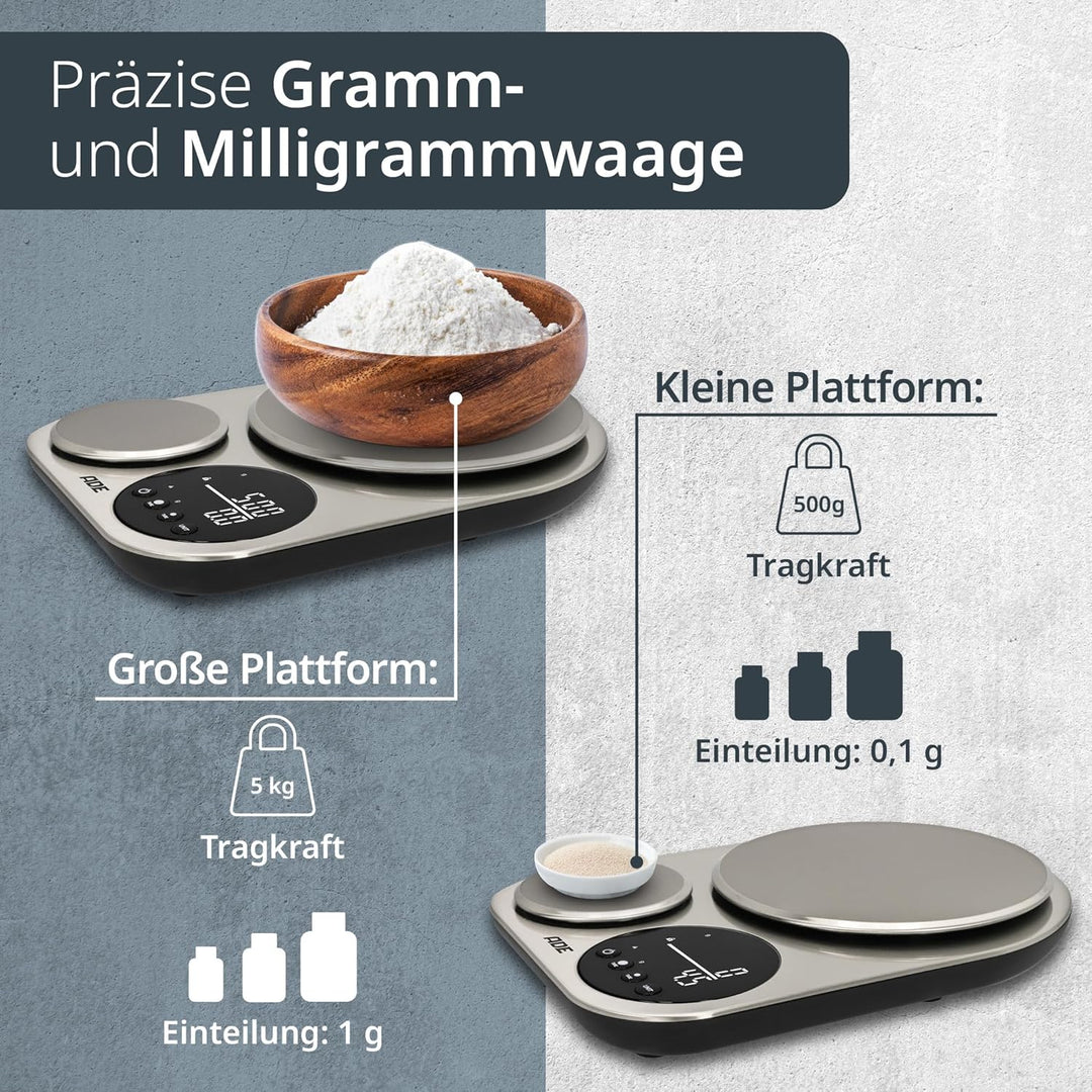 ADE Küchenwaage digital mit 2 Plattformen 5kg/1g & 500g/0,1g | duale Präzisionswaage auf 0,1g genau