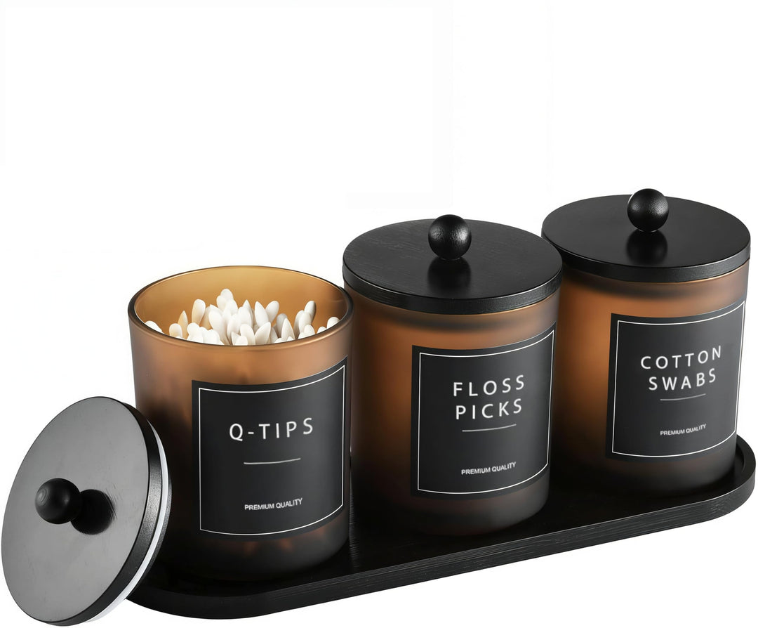 Glas Wattestäbchen Behälter, Schminktisch Badezimmer Organizer Set mit Tablett, Wattepadspender Make