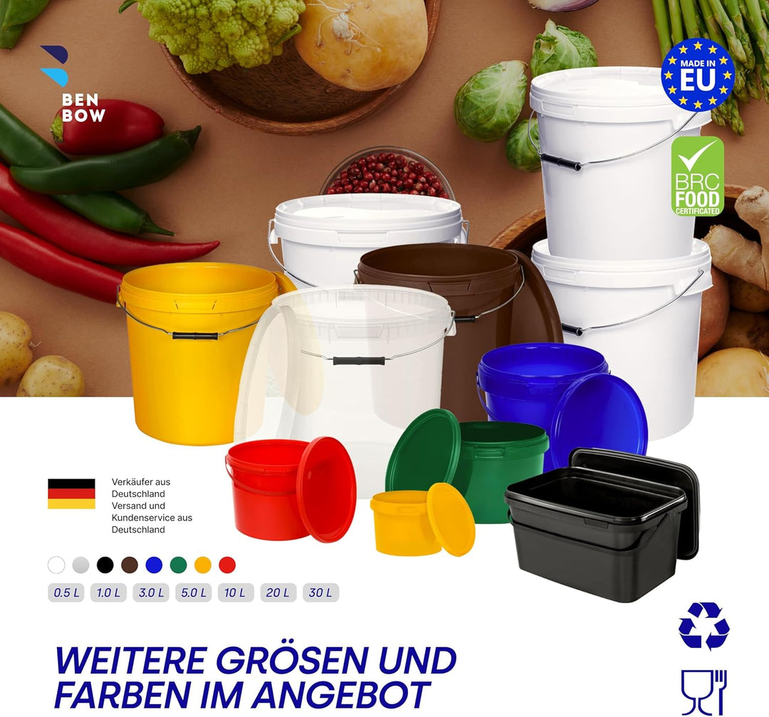 BenBow Eimer mit Deckel 10l grün 5X 10 Liter - lebensmittelecht, stabil, luftdicht, auslaufsicher, g