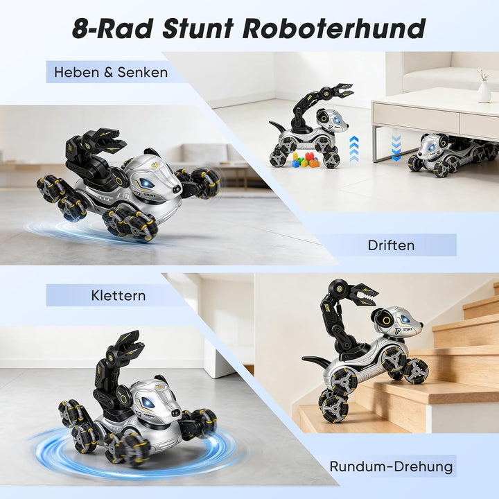 Roboter Hund Kinder – Interaktiver RC Roboterhund mit Gestensteuerung Uhr, Greifarm, 8-Rad Stunts, L