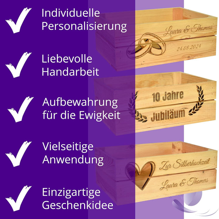 Holzkiste Personalisiert mit Wunschtext zum Runden Geburtstag - Gravierte Erinnerungskiste Hochzeit