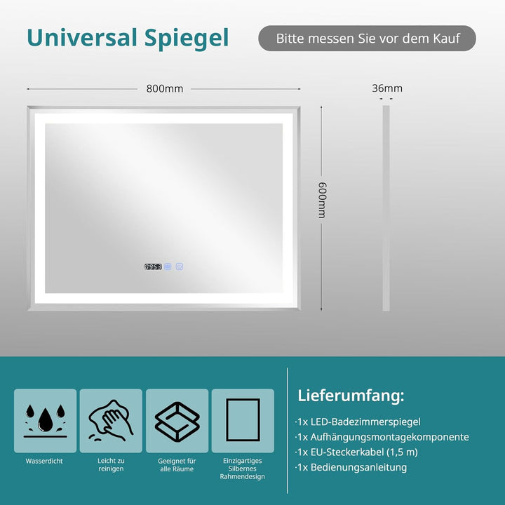 YOURLITE Badspiegel mit Beleuchtung 80x60cm, LED Spiegel Bad, 3 Lichtfarben dimmbar, Badezimmerspieg
