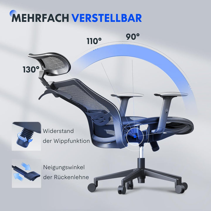 FLEXISPOT OC3 Ergonomischer Bürostuhl, Schreibtischstuhl mit Verstellbarer Kopfstütze &amp; Lendenstütze