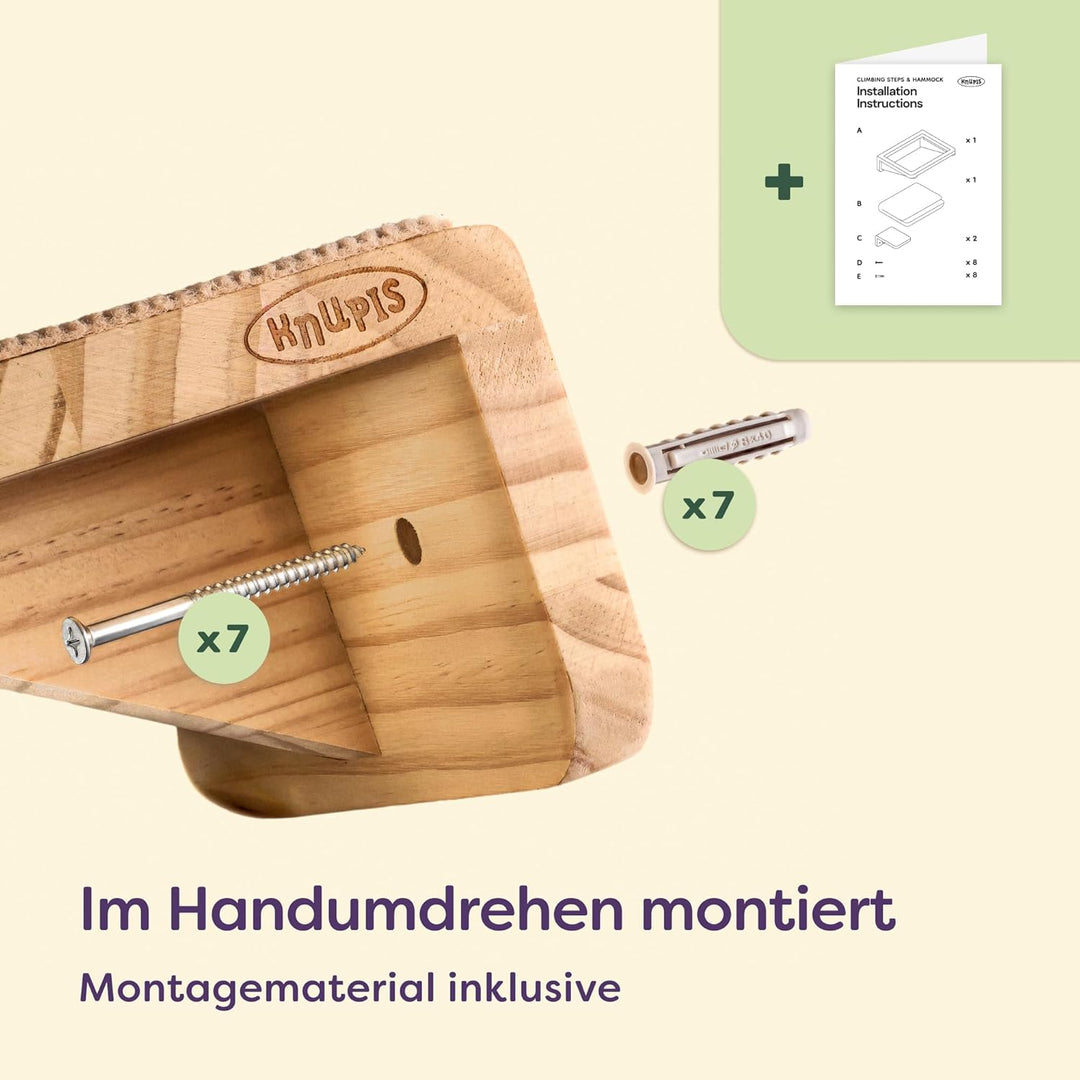 Katzen Kletterwand Set mit Hängematte &amp; 2X Katzentreppe – massives Kiefernholz, stabile Wandliege bi