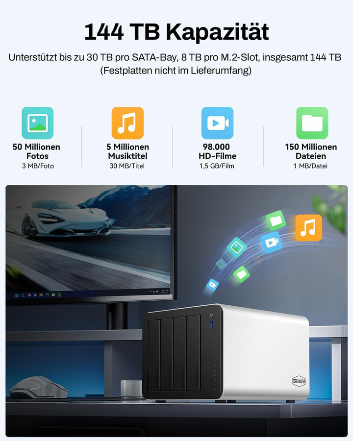 TERRAMASTER F4-425 Plus NAS-Speicher – 4 Einschübe, Intel N95 Quad-Core-CPU, 8 GB RAM DDR, 2 x 5 GbE