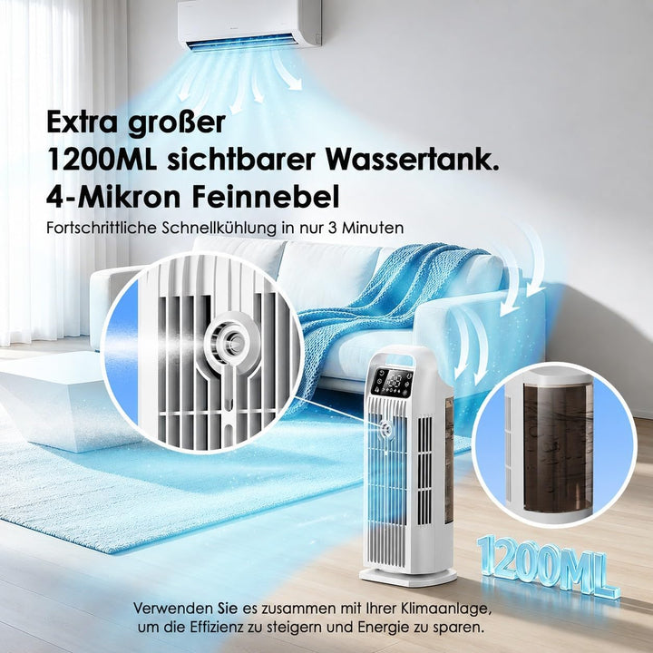 Mobile Klimaanlage ohne Abluftschlauch 6-in-1, Luftkühler mit Wasserkühlung & 1200ml Tank, 7m/s Turb