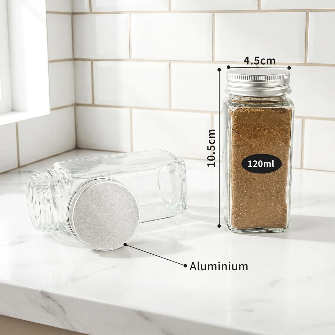 24pcs Gewürzgläser Eckig mit Aluminiumdeckel, 120ml Glasbehälter mit Streueinsatz, Luftdichte Gewürz