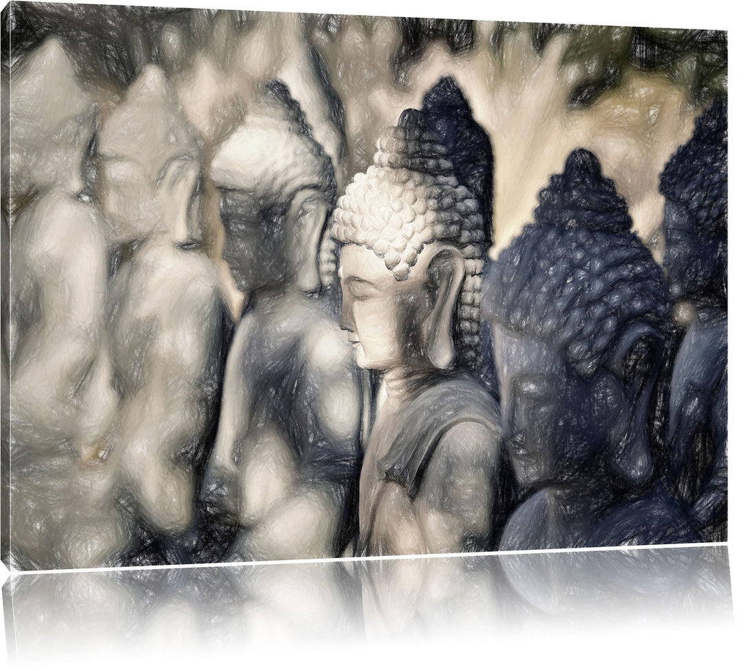 Pixxprint Meditierende Buddha-Statuen in Einer Reihe Kunst Buntstift Effekt, Format: 100x70 auf Lein