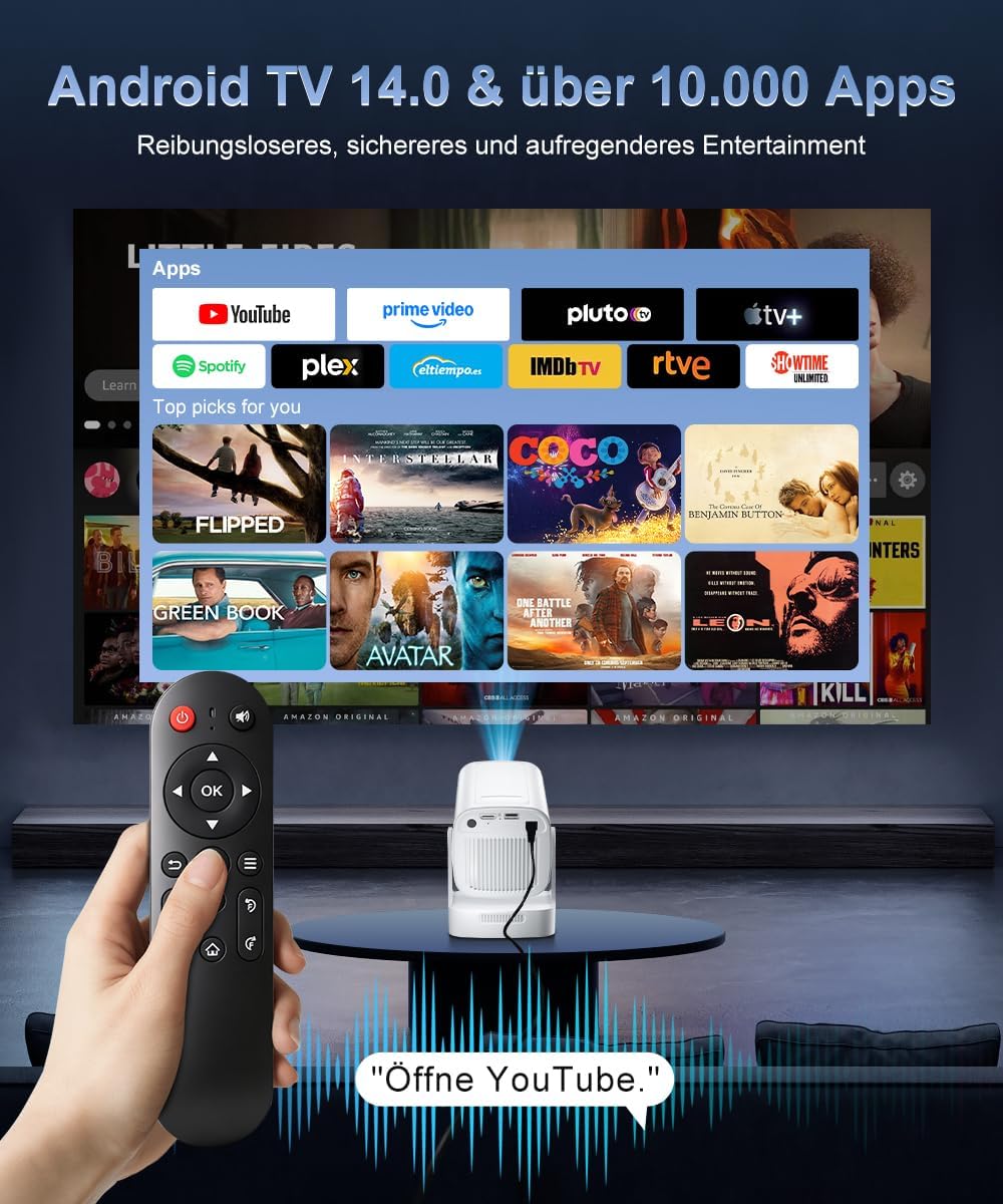 Beamer 4K HY260pro,Mini Beamer heimkino mit WiFi 6 Bluetooth 5.4,1080P Full HD mit Android TV,180° R