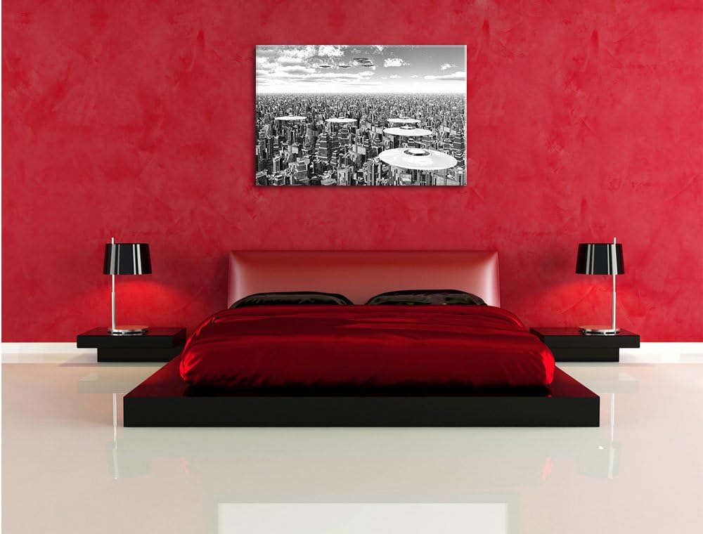 Pixxprint UFO´s über der Stadt Kunst B&amp;W als Leinwandbild | Grösse: 100x70 cm | Wandbild | Kunstdruc