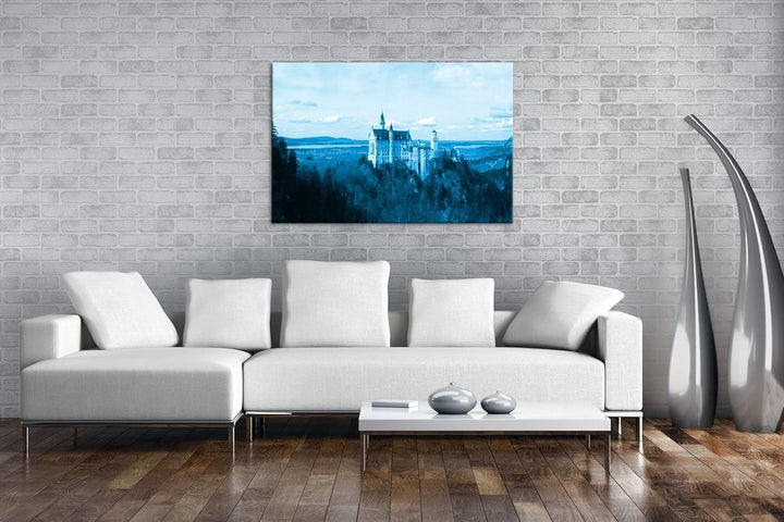 deyoli Burg Neuschwanstein Format 80x60 Effekt: Monocrome Blau als Leinwandbild, Motiv fertig gerahm