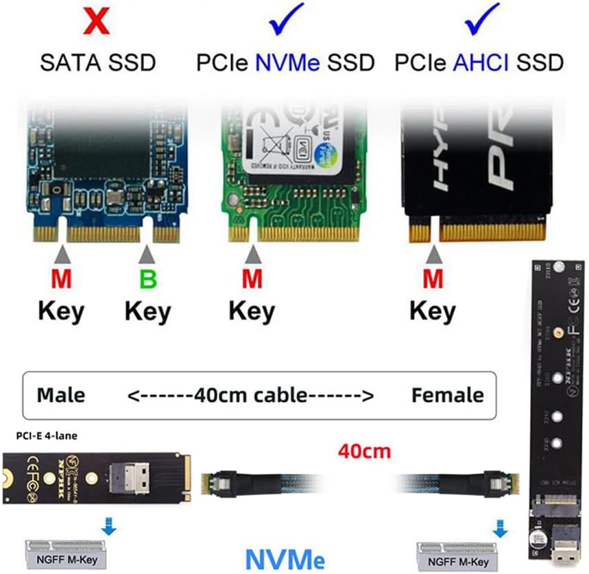 Xiwai NGFF M-Key NVME Stecker zu Buchse Verlängerungskabel 40cm mit SFF-8654 Stecker für Mainboard S